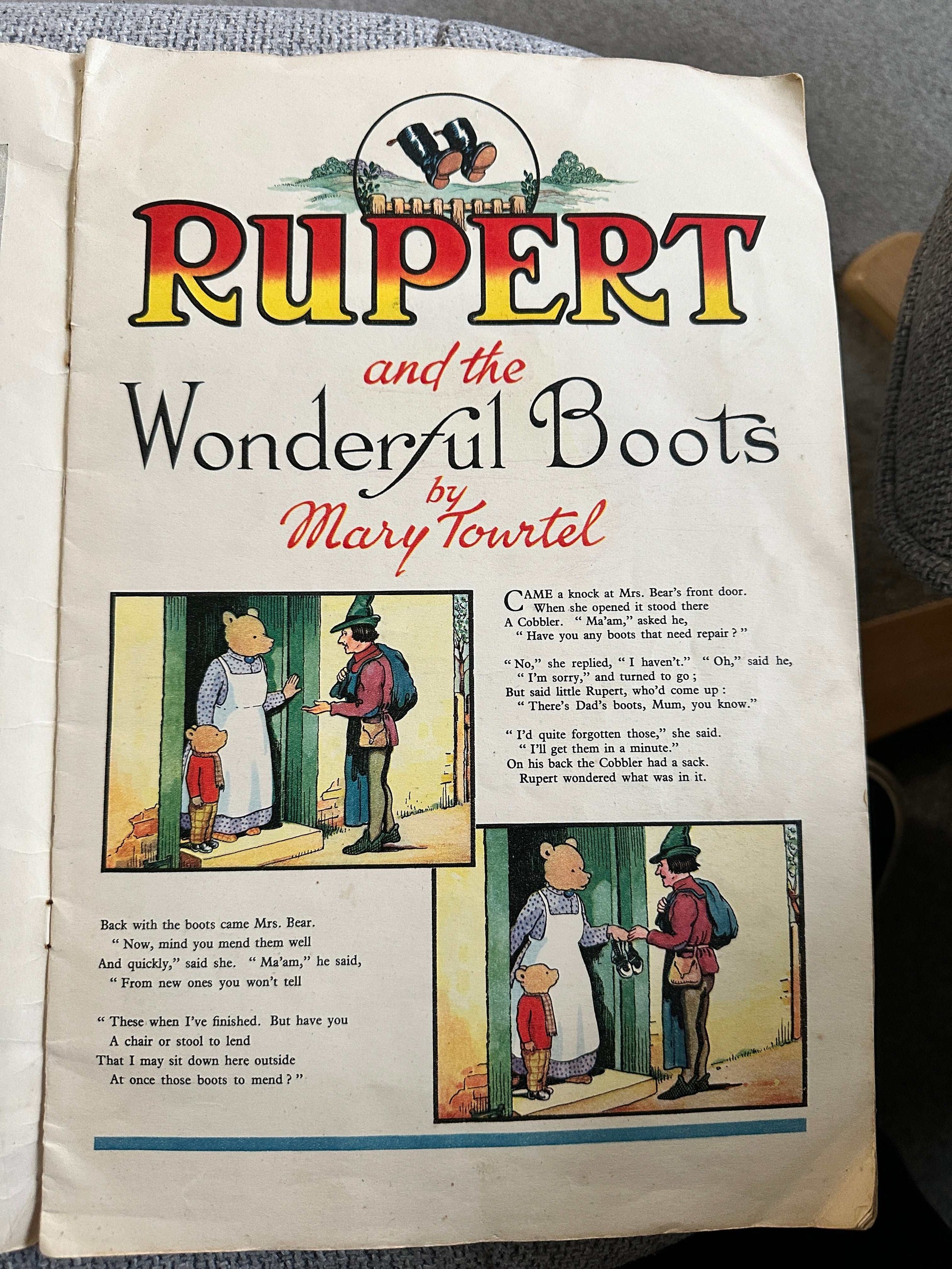 1946 Rupert & The Wonderful Boots - Mary Tourtel (Sampson, Low & Marston Co. Ltd 14” x 9.25” Card covers