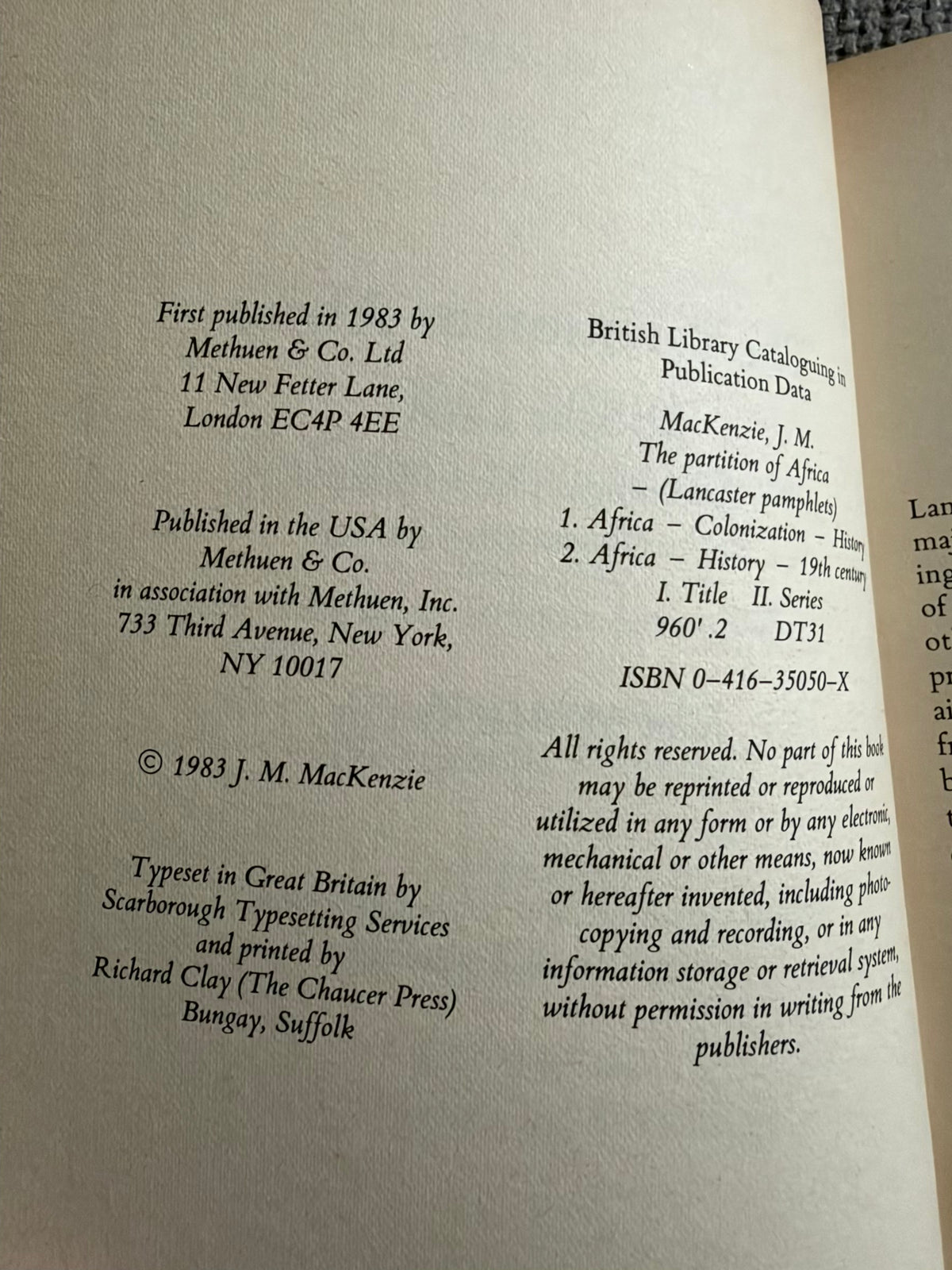 1983 The Partition Of Africa 1880-1900 - J. M. MacKenzie (Methuen)