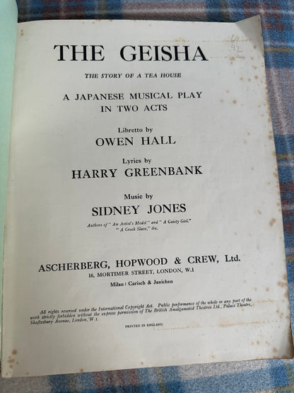 1956 The Geisha A Story Of A Tea Room A Japanese Musical Play(Harry Greenbank lyrics music Sidney Jones