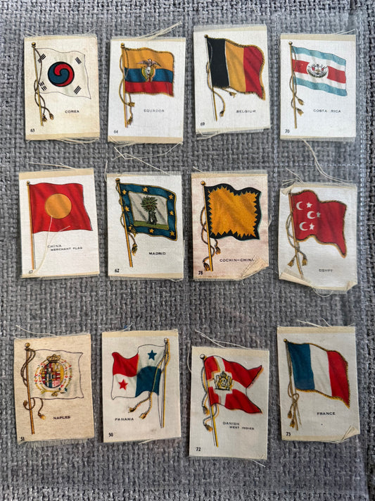 12 x Vintage Wix / B.D.V. Tobacco Silk Flag Cards — World Flags Collection c.1910s–1930s