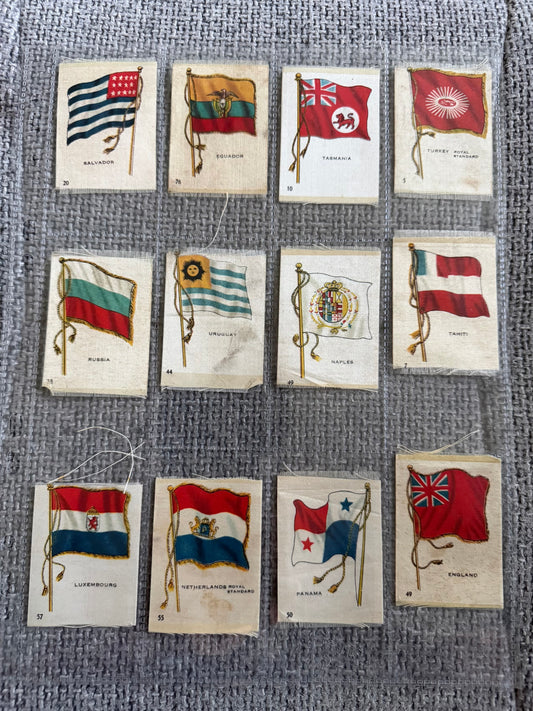 12 x Vintage Wix / B.D.V. Tobacco Silk Flag Cards — World Flags Collection c.1910s–1930s.