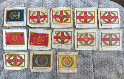 Silk Regimental Standards — 13 Antique Cigarette Silks c.1915 — Black Watch, Irish, Scottish & British Regiments