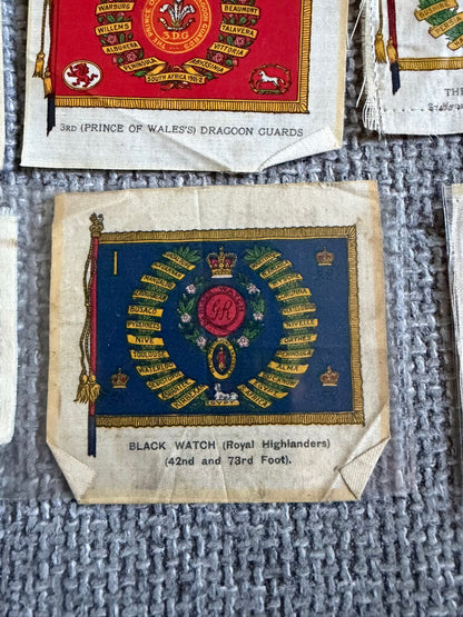 Silk Regimental Standards — 13 Antique Cigarette Silks c.1915 — Black Watch, Irish, Scottish & British Regiments