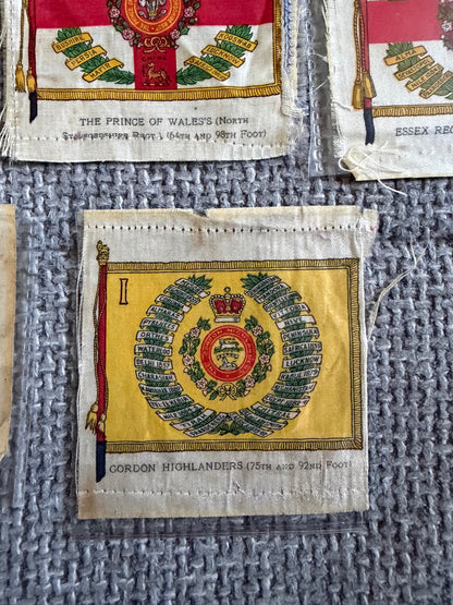 Silk Regimental Standards — 13 Antique Cigarette Silks c.1915 — Black Watch, Irish, Scottish & British Regiments