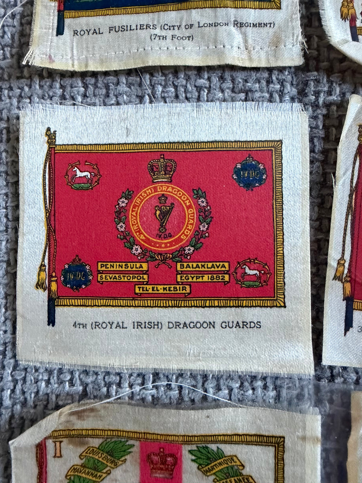 Silk Regimental Standards — 13 Antique Cigarette Silks c.1915 — Black Watch, Irish, Scottish & British Regiments
