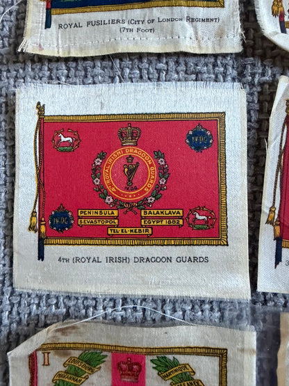 Silk Regimental Standards — 13 Antique Cigarette Silks c.1915 — Black Watch, Irish, Scottish & British Regiments