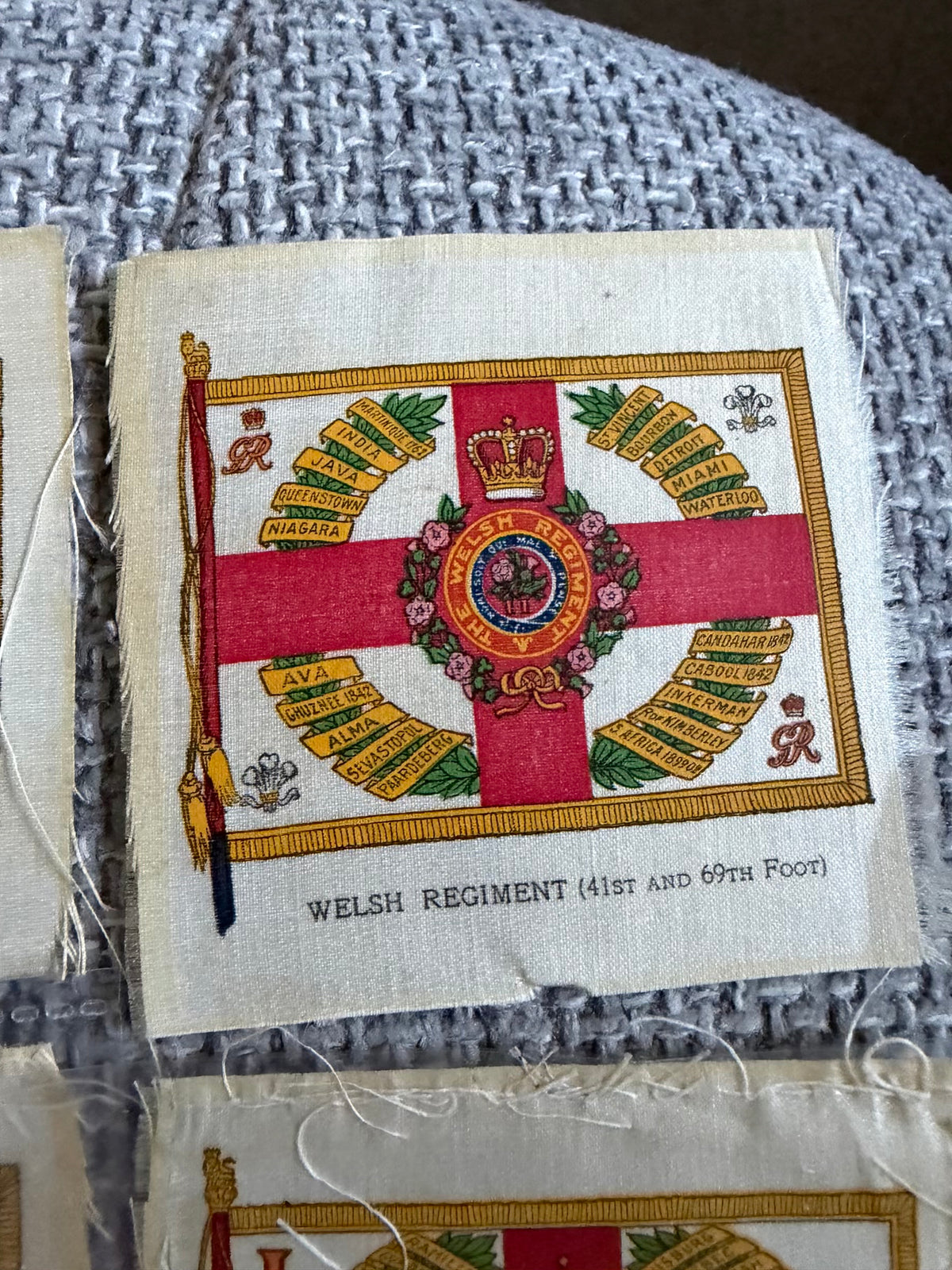 Silk Regimental Standards — 13 Antique Cigarette Silks c.1915 — Black Watch, Irish, Scottish & British Regiments