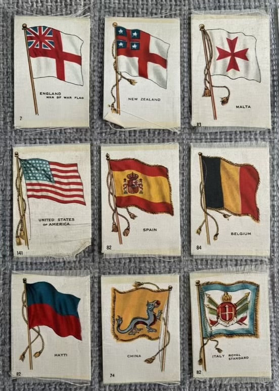 SOLD / B.D.V. Silk Flag Card Bundle — 9 Early 20th Century World Flags — China, Italy, USA, New Zealand & More