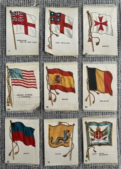 SOLD / B.D.V. Silk Flag Card Bundle — 9 Early 20th Century World Flags — China, Italy, USA, New Zealand & More
