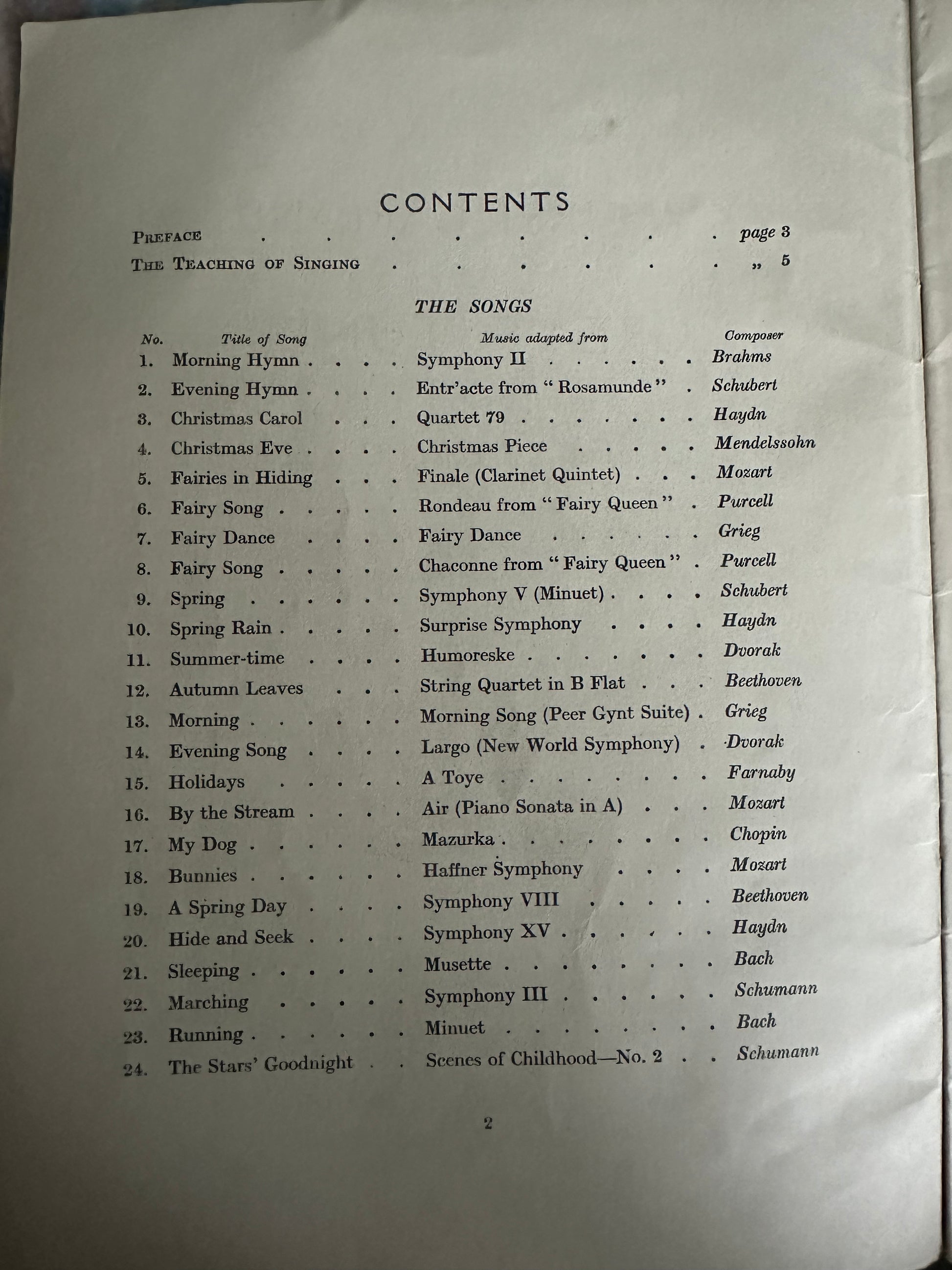 Contents page of A First Garland of Great Tunes Percy M Young listing various songs and composers
