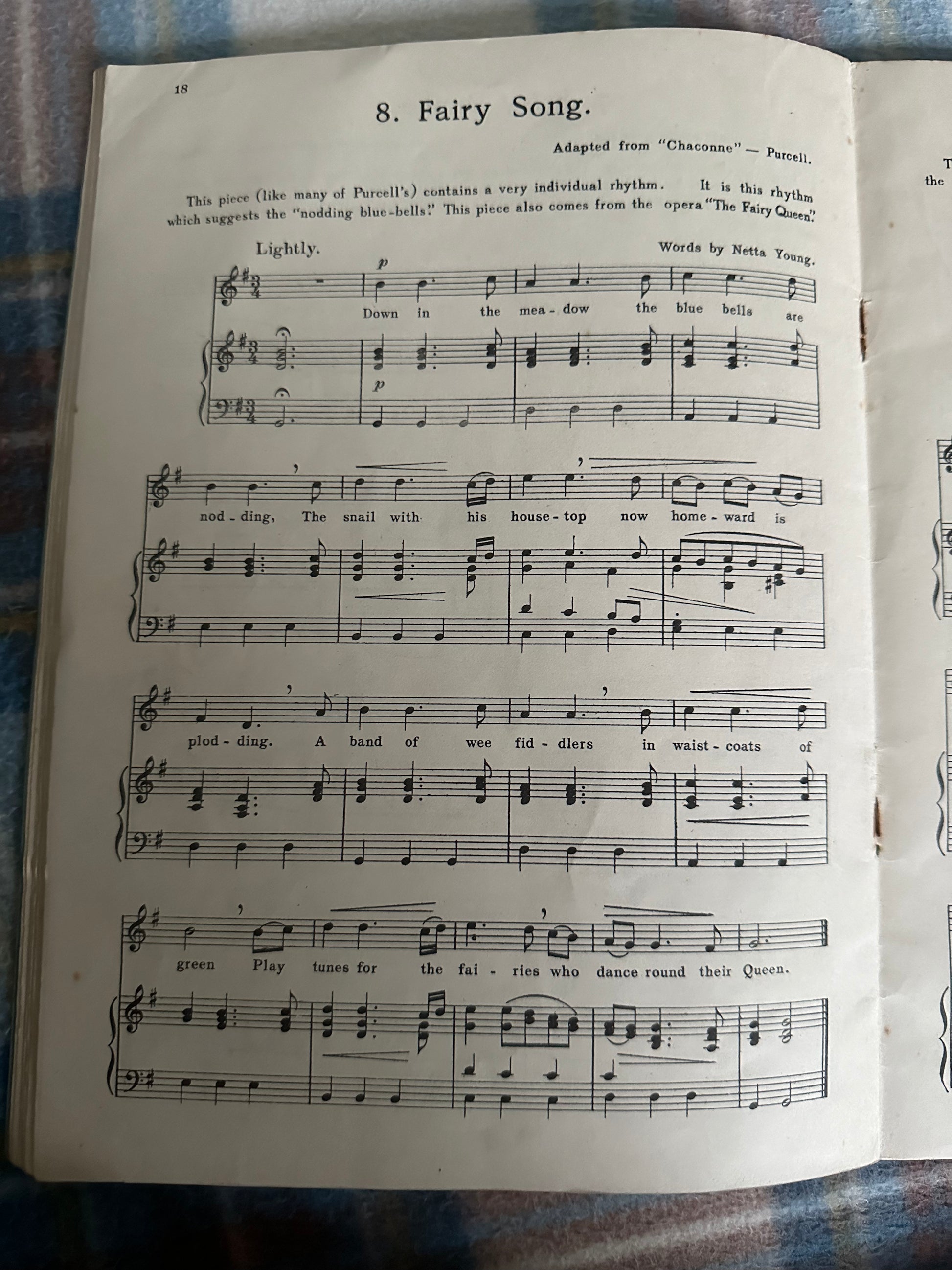 Page from A First Garland of Great Tunes Percy M Young showing sheet music with lyrics and notes