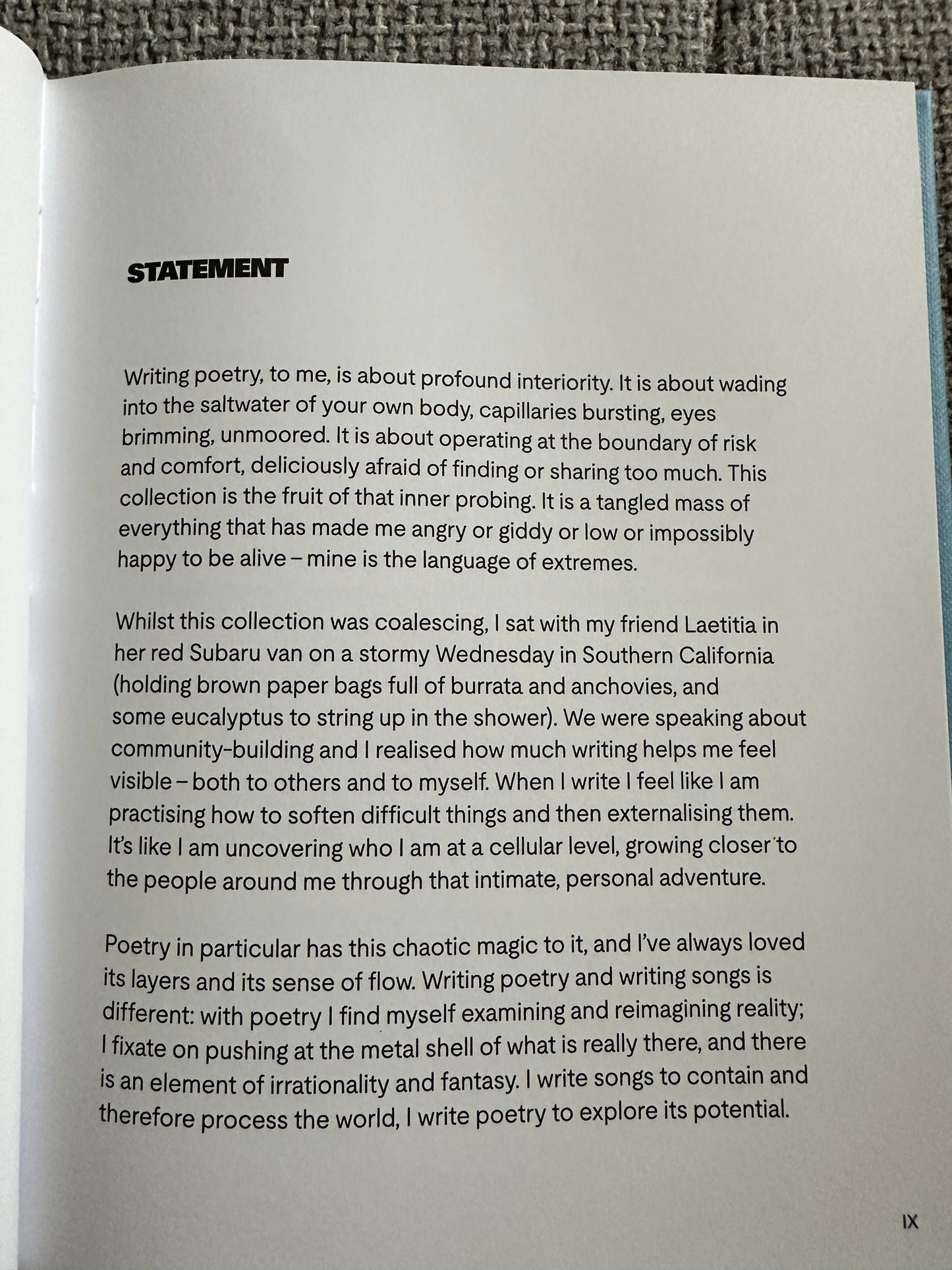Statement page from The Magic Border signed poetry book with insights into writing and creativity