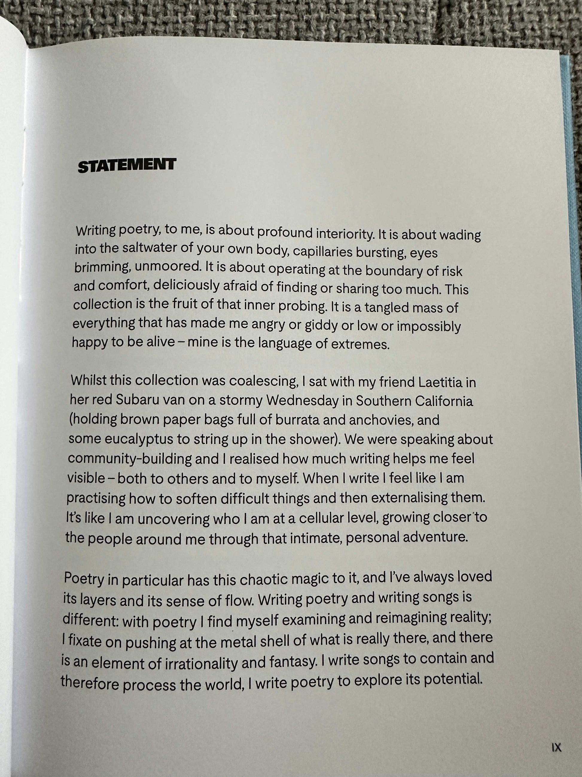 Statement page from The Magic Border signed poetry book with insights into writing and creativity