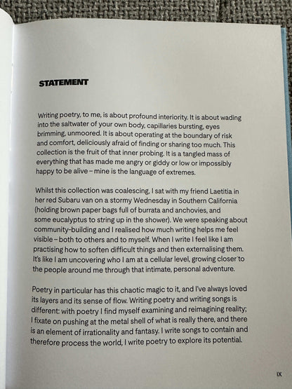 Statement page from The Magic Border signed poetry book with insights into writing and creativity