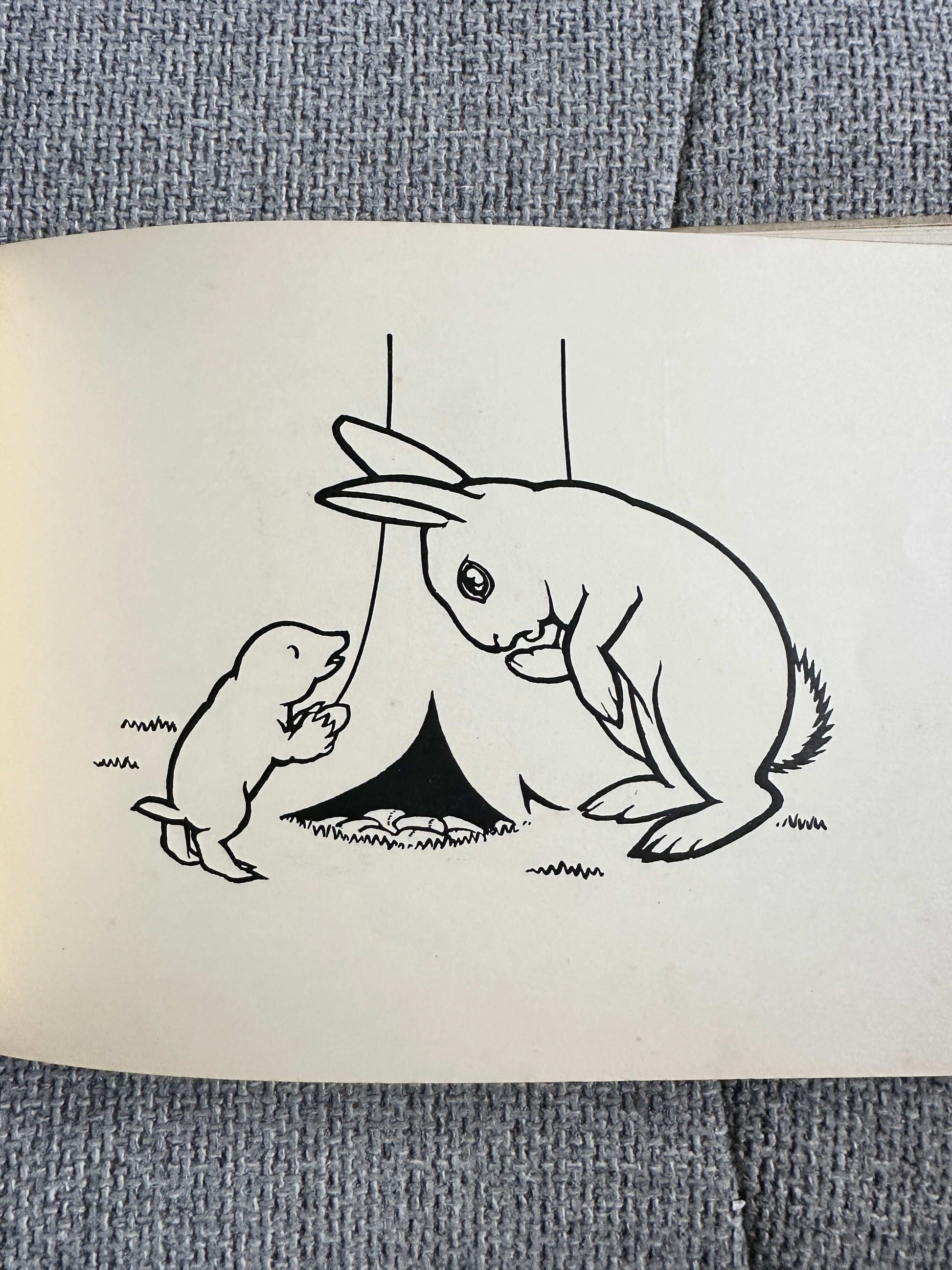 Illustration from Billy Bobtail first edition for sale, featuring a rabbit and a small animal near a tree