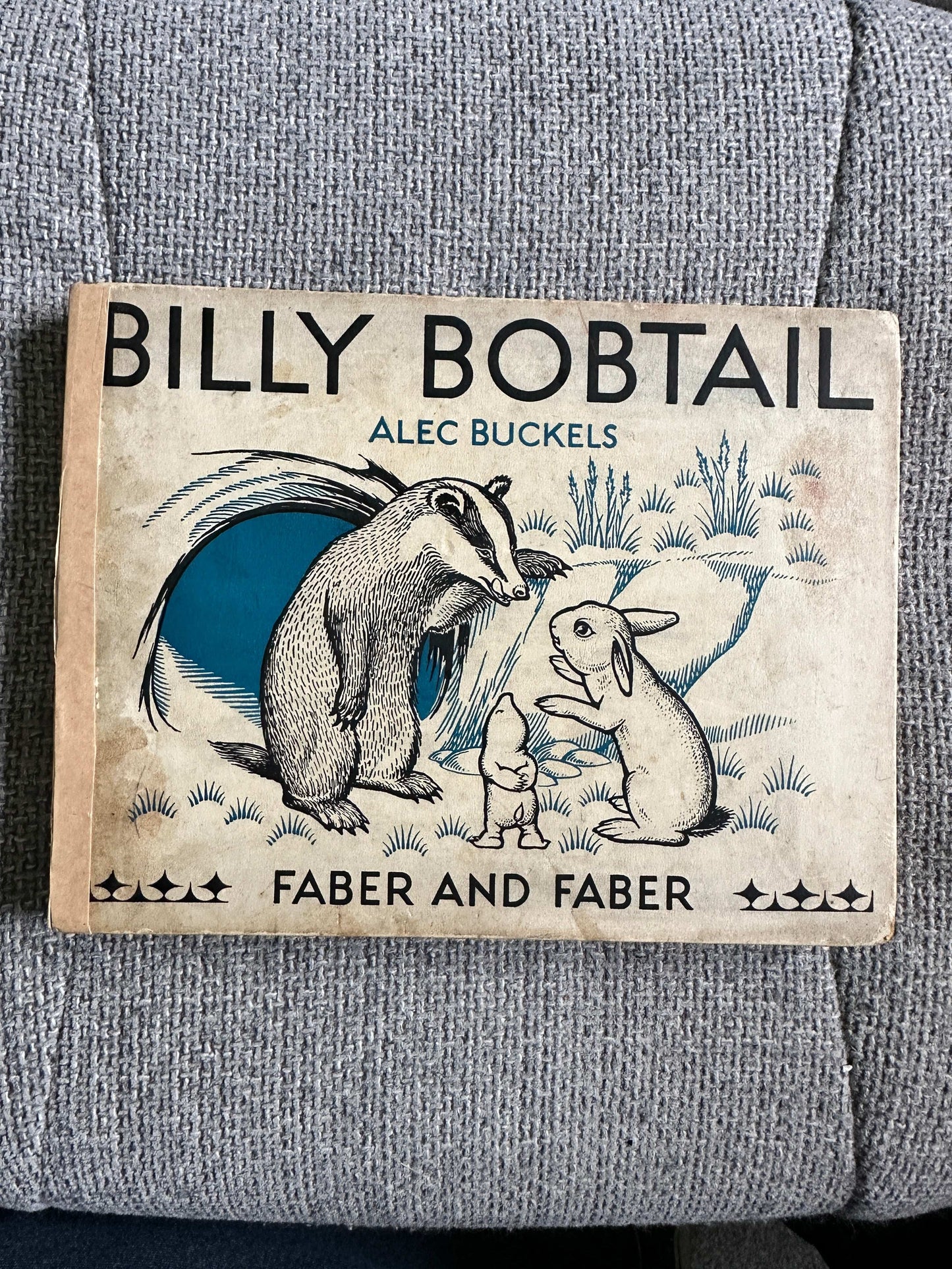 Billy Bobtail first edition for sale featuring a badger, rabbit, and baby character on the cover