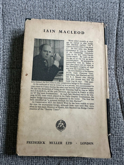 Back cover of Iain Macleod's 1959 Bridge Is An Easy Game book featuring author photo and publisher details