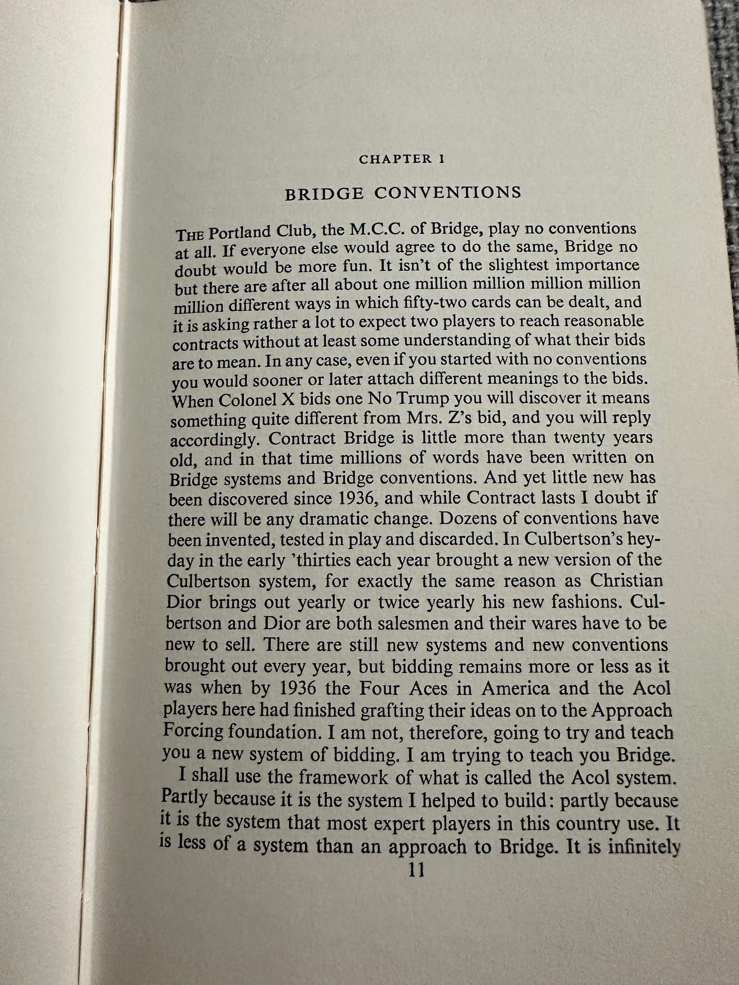 First chapter page from 1959 Bridge Is An Easy Game book with text on bridge conventions