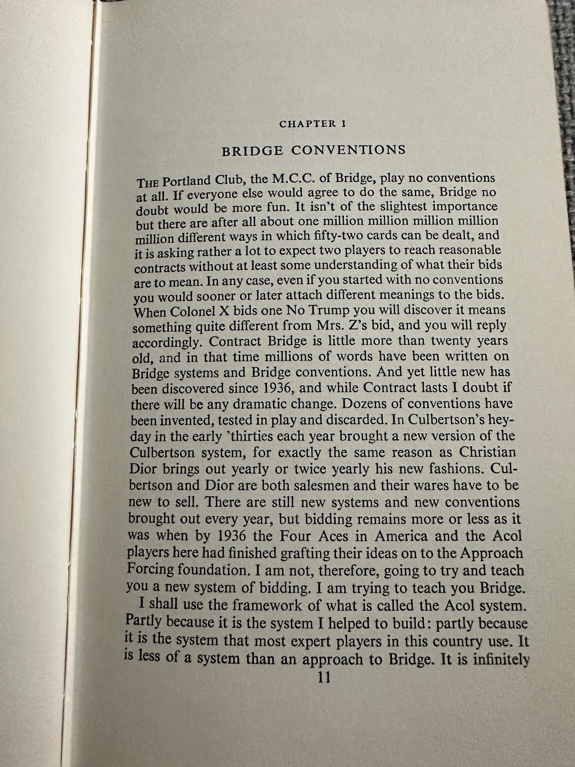 First chapter page from 1959 Bridge Is An Easy Game book with text on bridge conventions