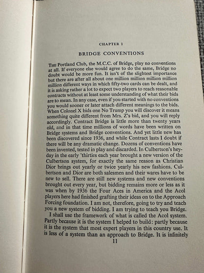 First chapter page from 1959 Bridge Is An Easy Game book with text on bridge conventions