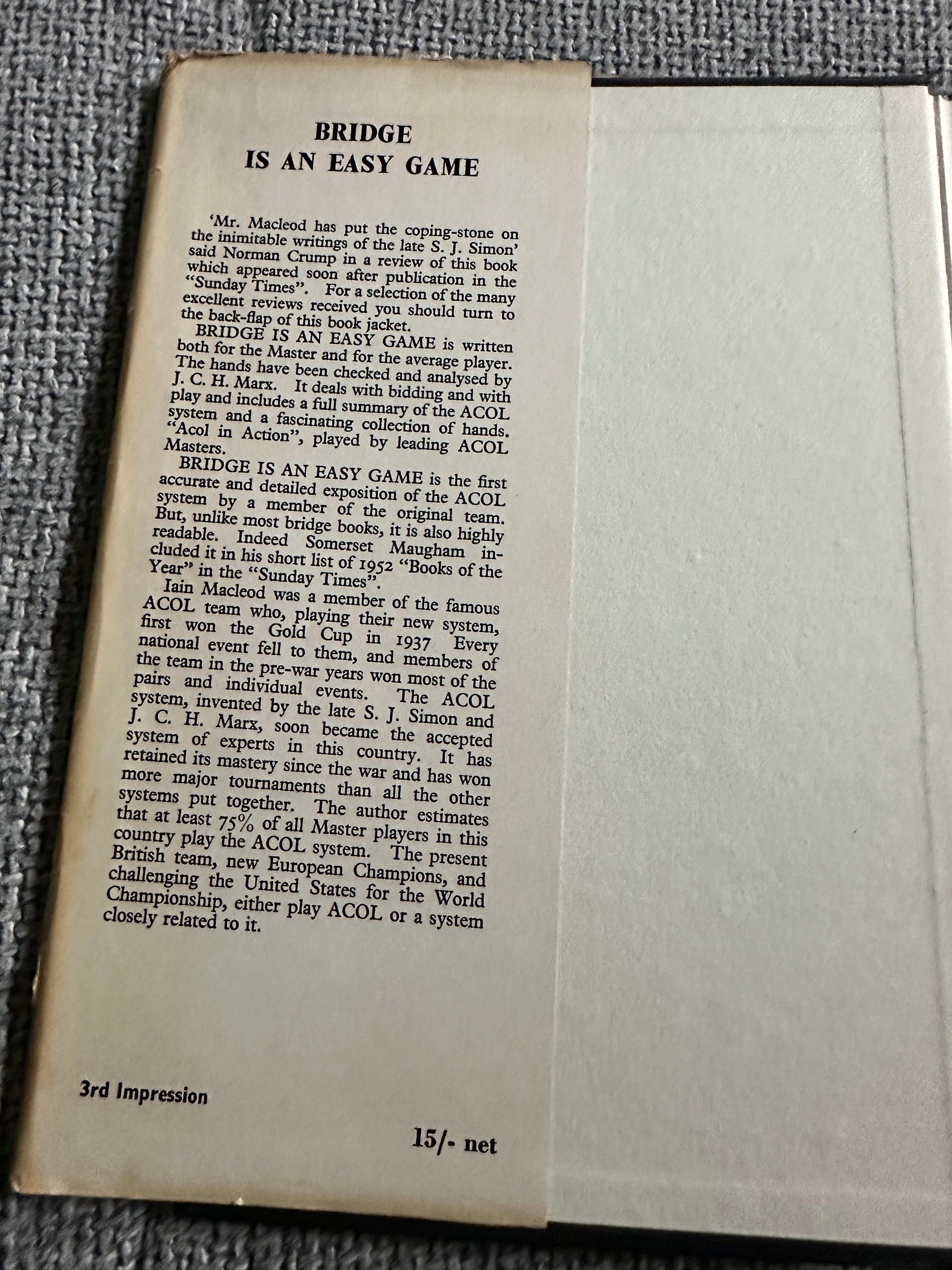 1959 Bridge Is An Easy Game book cover featuring a detailed introduction to card play strategies