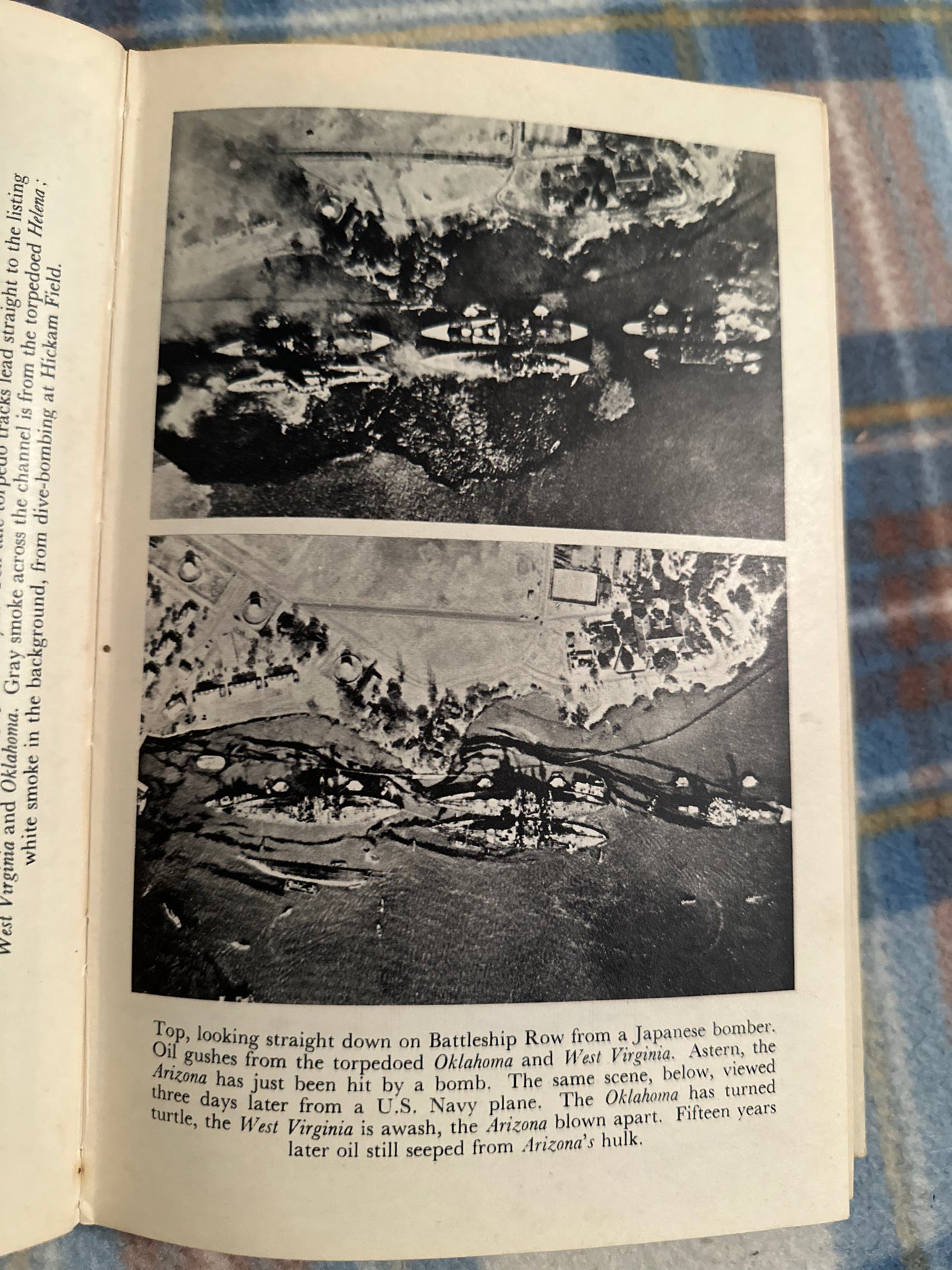 Historic image from Day of Infamy first edition showing aerial view of Battleship Row after the attack