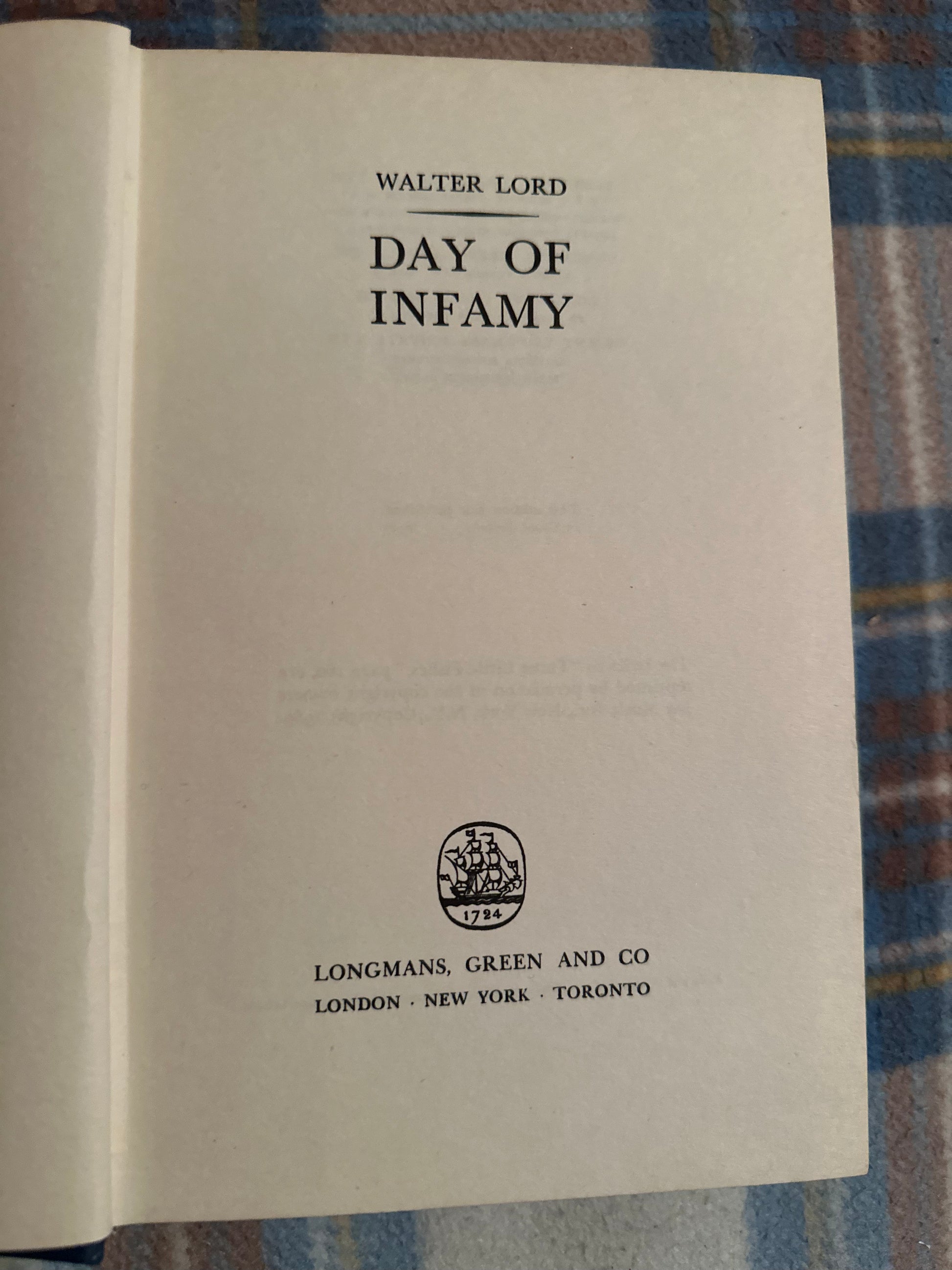 Walter Lord Day of Infamy first edition book page with publisher details and title