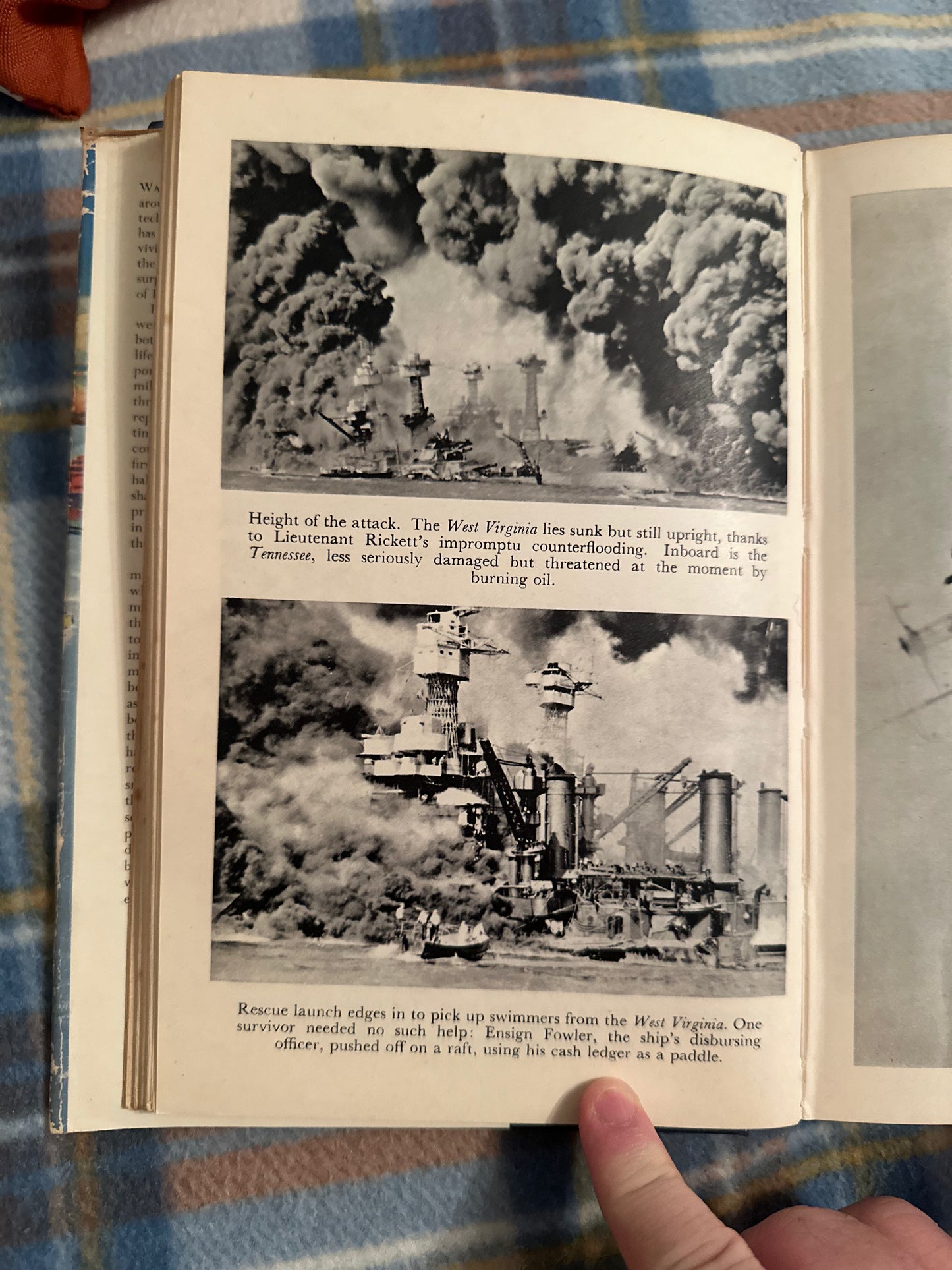 Inside pages of Day of Infamy first edition depicting wartime naval scenes and dramatic imagery