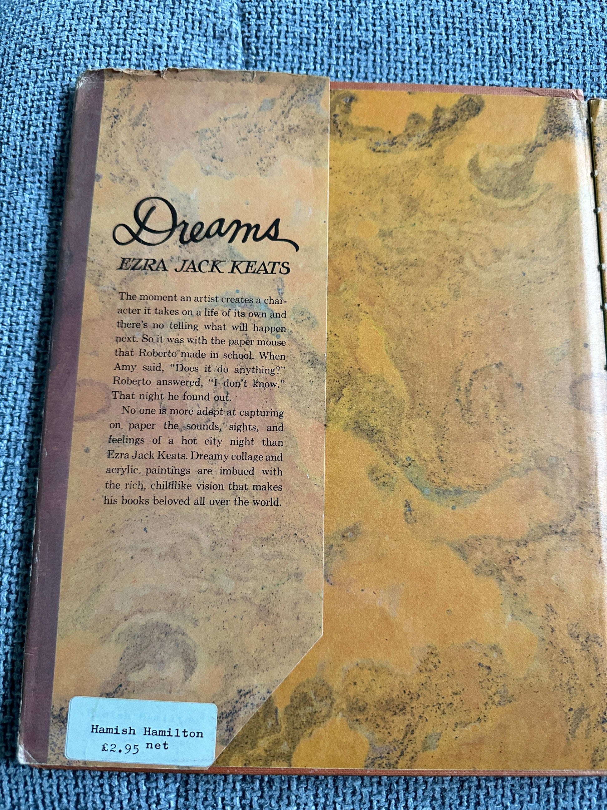 Dreams Ezra Jack Keats first edition book cover with marbled design and vintage price tag
