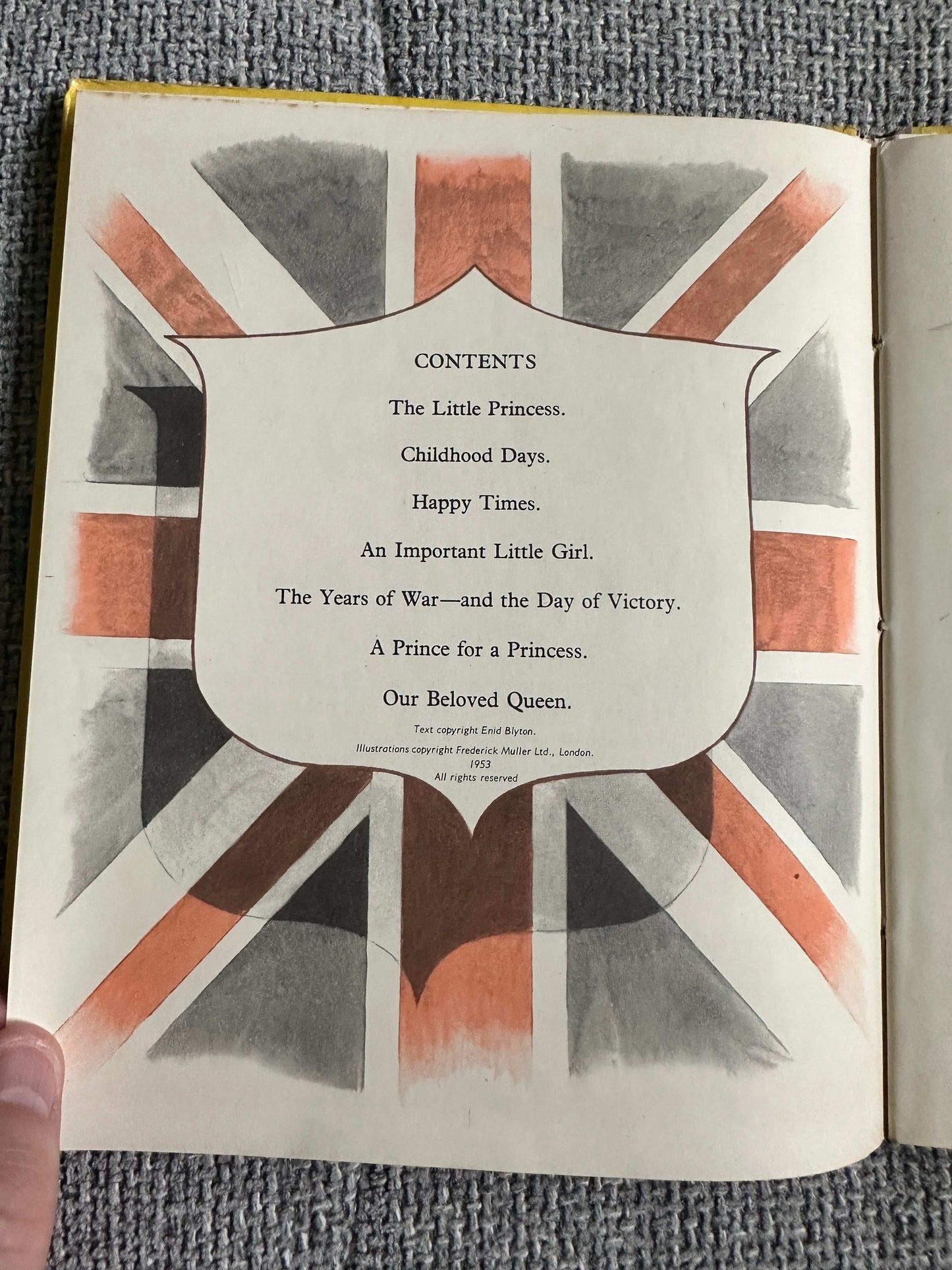 Enid Blyton The Story Of Our Queen first edition book contents page featuring a Union Jack background