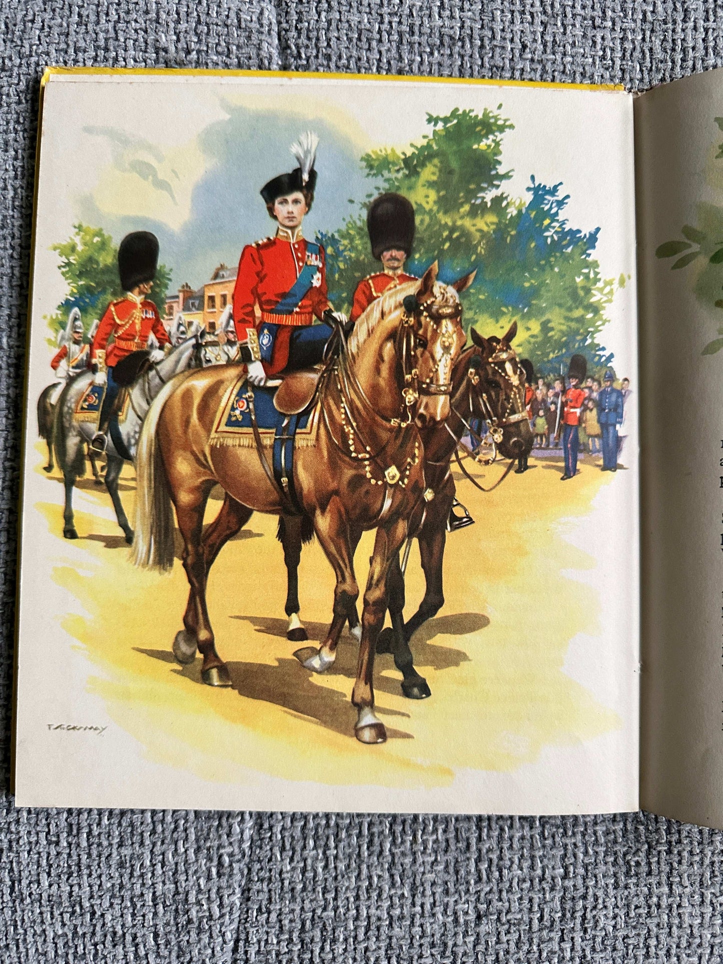 Illustration from Enid Blyton The Story Of Our Queen first edition showing mounted royal guards in vibrant uniforms