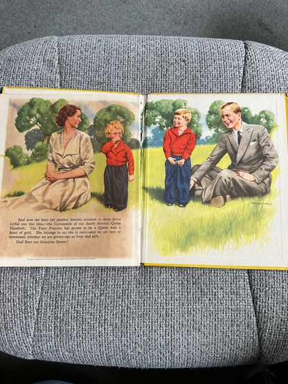 Enid Blyton The Story Of Our Queen first edition open book with colorful illustrations of children and a royal figure