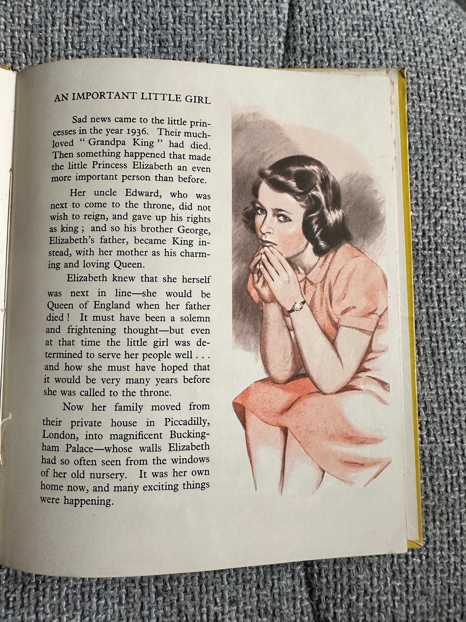 Page from Enid Blyton The Story Of Our Queen first edition showing a young girl in a thoughtful pose