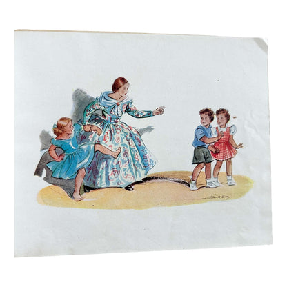 Illustration from Enid Blyton The Twins Go To Nursery-Rhyme Land first edition featuring children and a caretaker