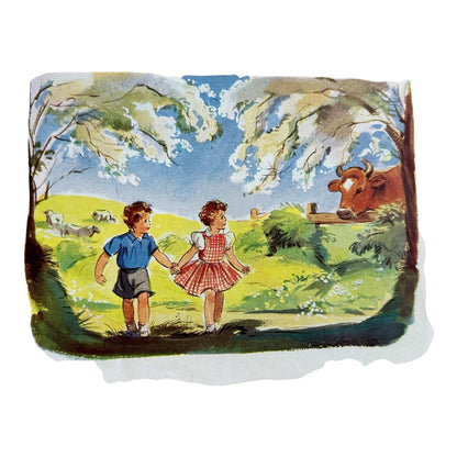 Enid Blyton The Twins Go To Nursery-Rhyme Land first edition illustrated scene with children in a pastoral landscape