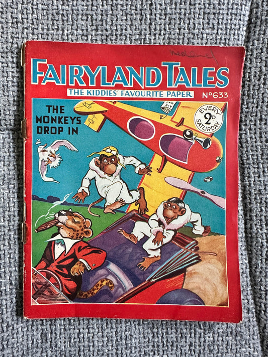 1934 Fairyland Tales vintage children's book cover featuring colorful illustrations of monkeys in playful scenes