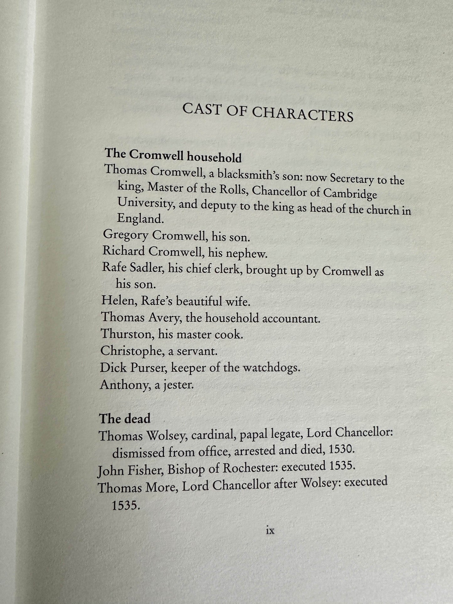 First edition Bring Up The Bodies Hilary Mantel cast of characters page showcasing key figures in the story