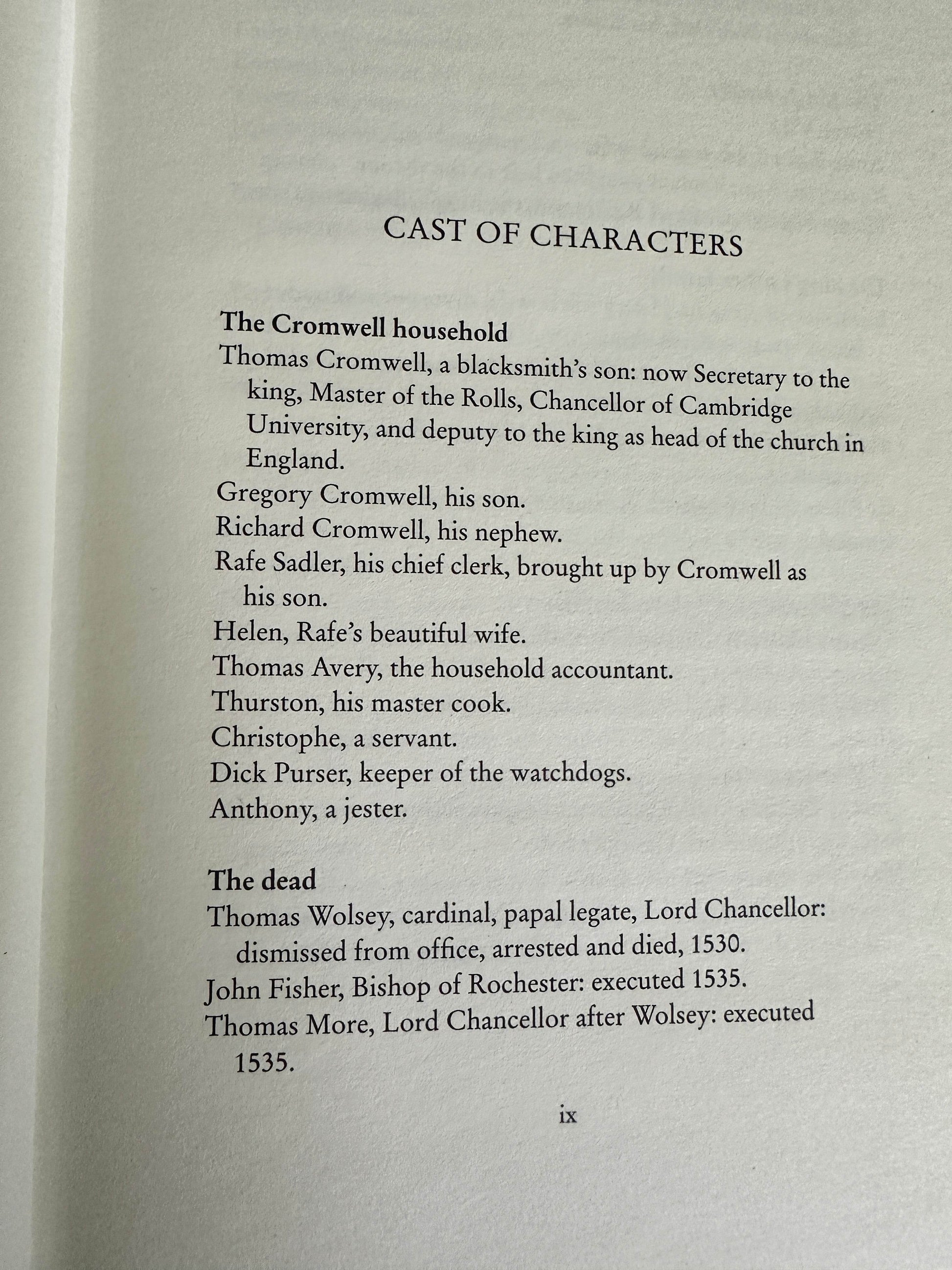 First edition Bring Up The Bodies Hilary Mantel cast of characters page showcasing key figures in the story