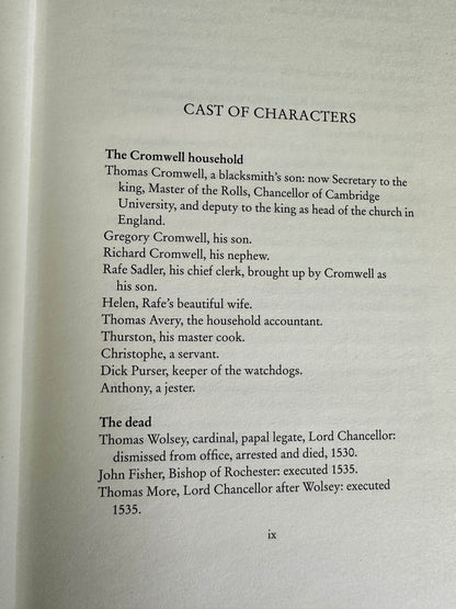 First edition Bring Up The Bodies Hilary Mantel cast of characters page showcasing key figures in the story