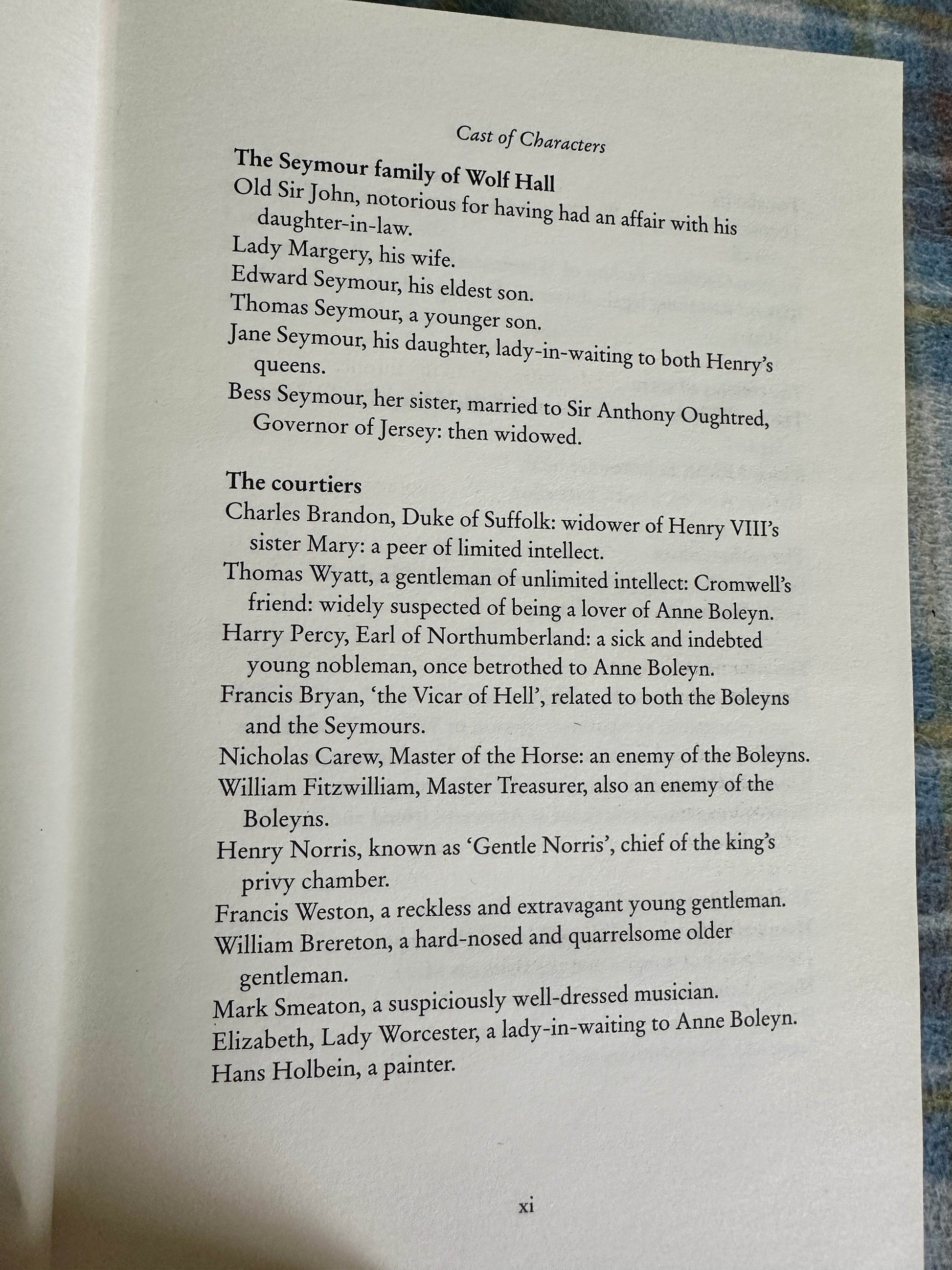First edition Bring Up The Bodies Hilary Mantel character list page showcasing key figures in the story