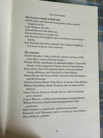 First edition Bring Up The Bodies Hilary Mantel character list page showcasing key figures in the story