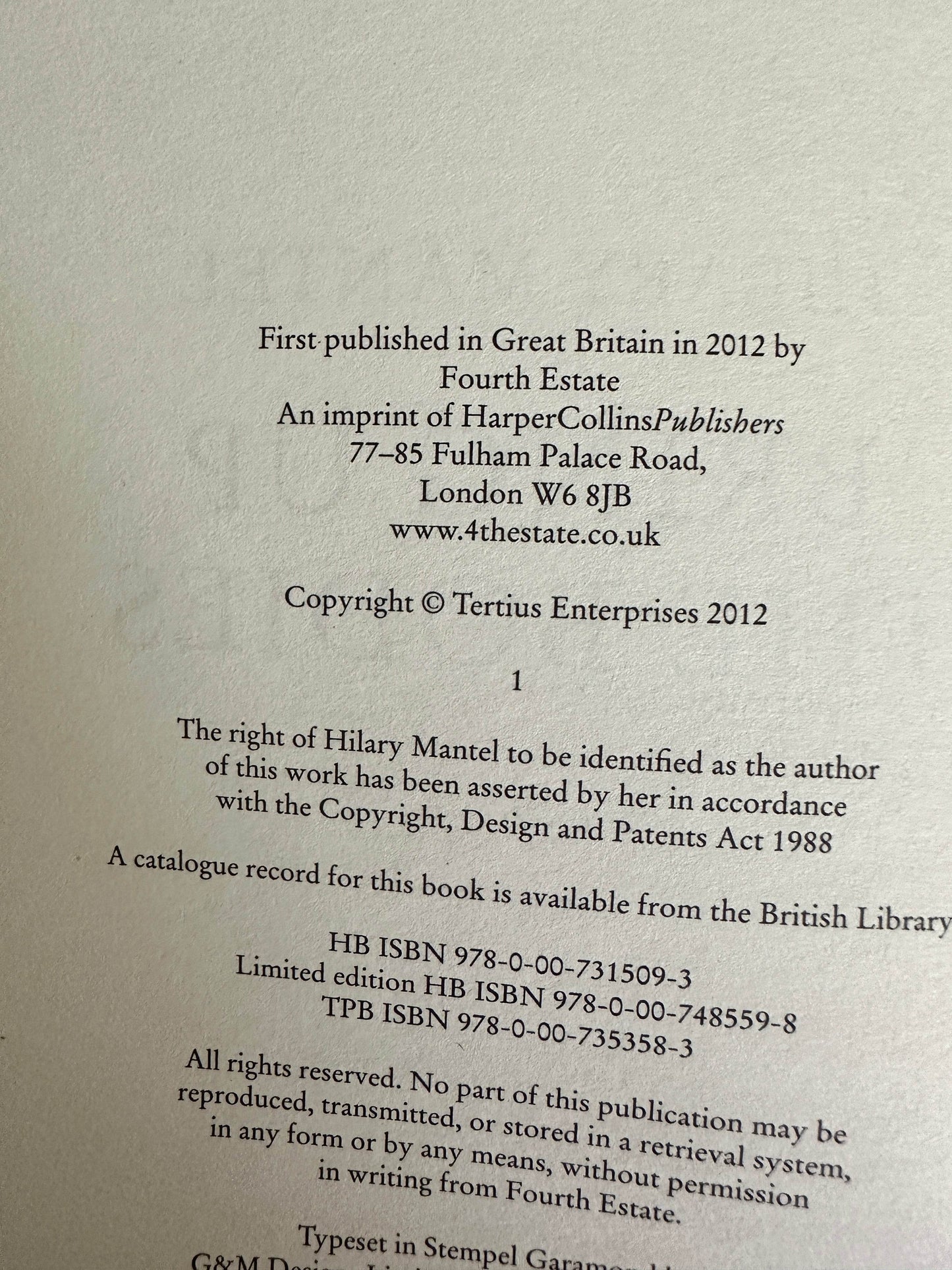 First edition Bring Up The Bodies Hilary Mantel from Honeyburn Books with detailed publication information