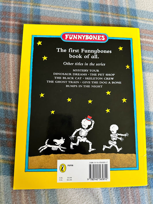 Back cover of the Funnybones Janet and Allan Ahlberg book featuring skeleton characters and a colorful design
