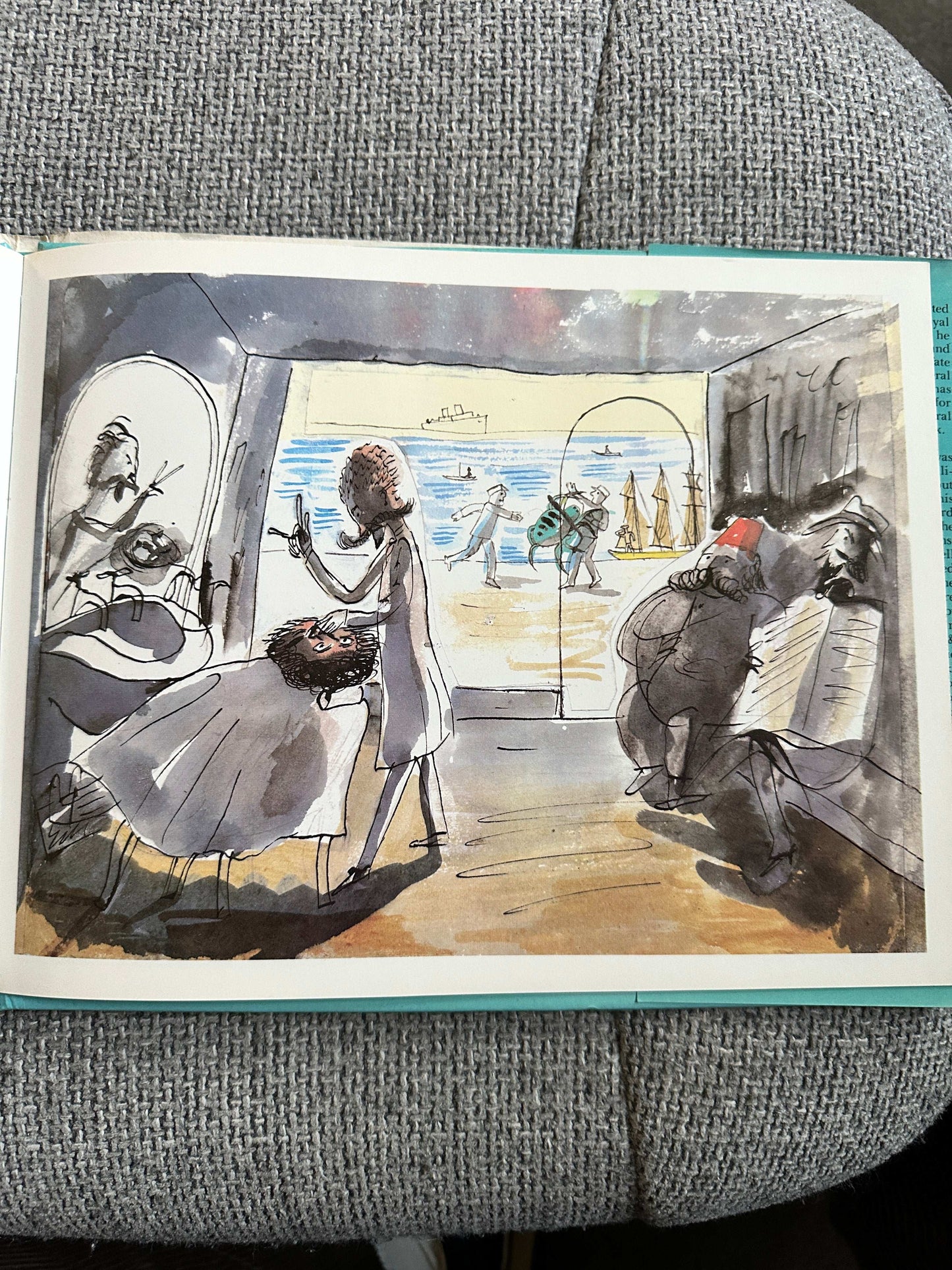 Illustration from Lady Filmy Fern first edition book featuring artistic beach scenes and playful characters