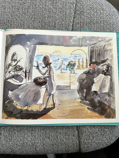 Illustration from Lady Filmy Fern first edition book featuring artistic beach scenes and playful characters
