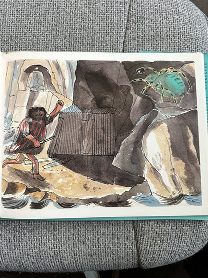 Illustration from Lady Filmy Fern first edition book featuring a character facing a giant spider in a cave