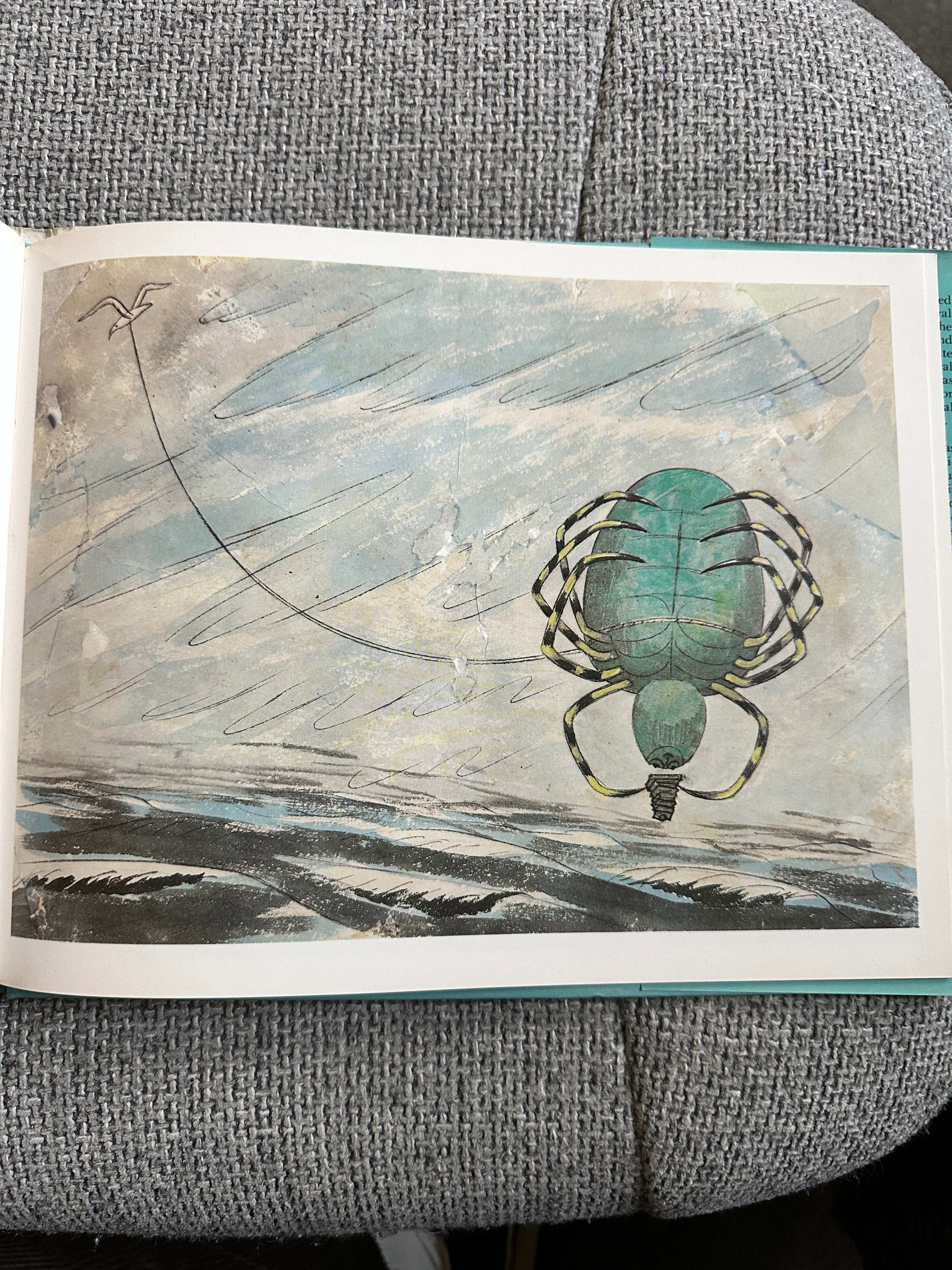 Illustration from Lady Filmy Fern first edition book featuring a whimsical green spider in a stormy landscape