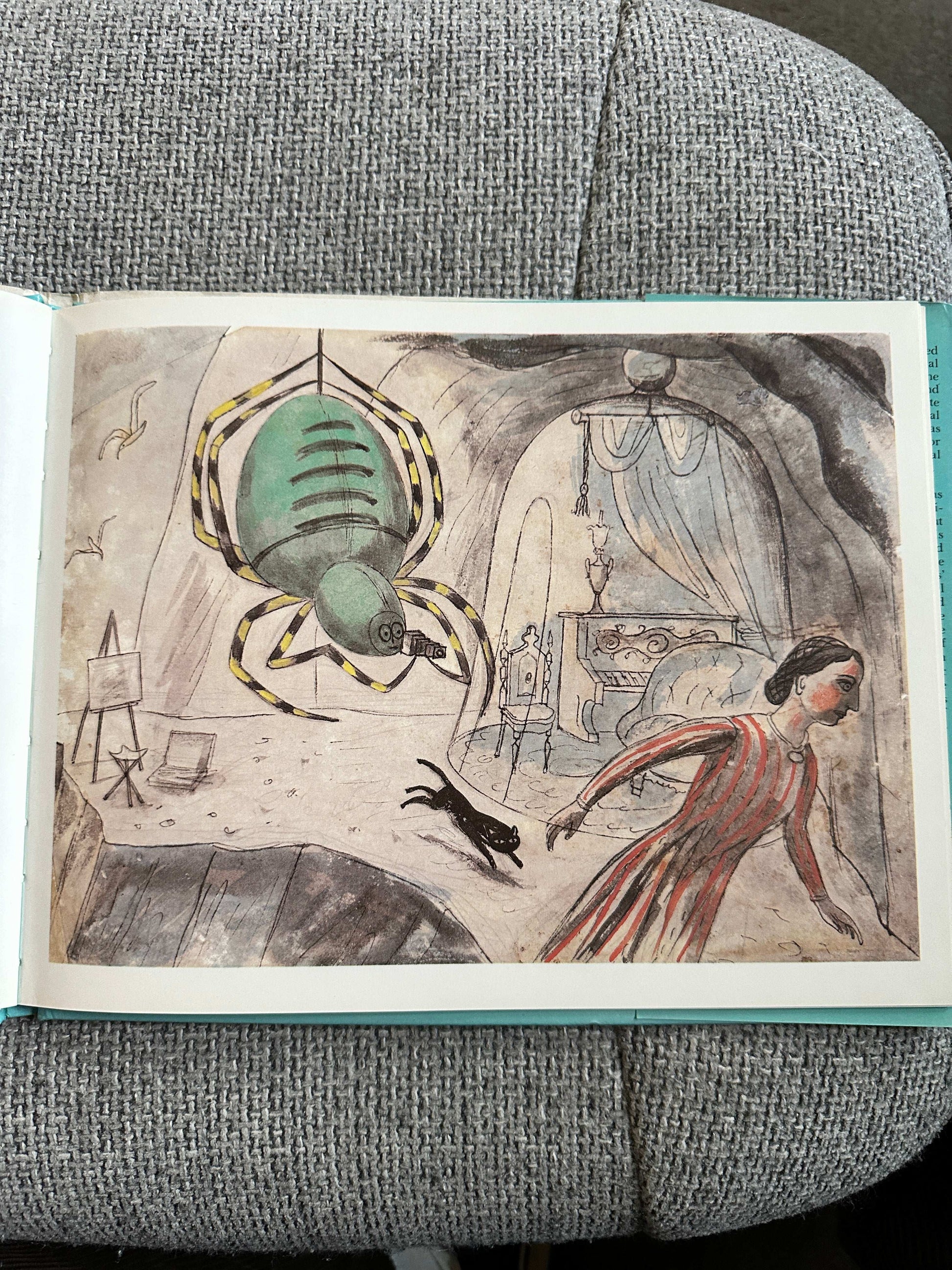 Illustration from Lady Filmy Fern first edition book showing a girl and a large spider