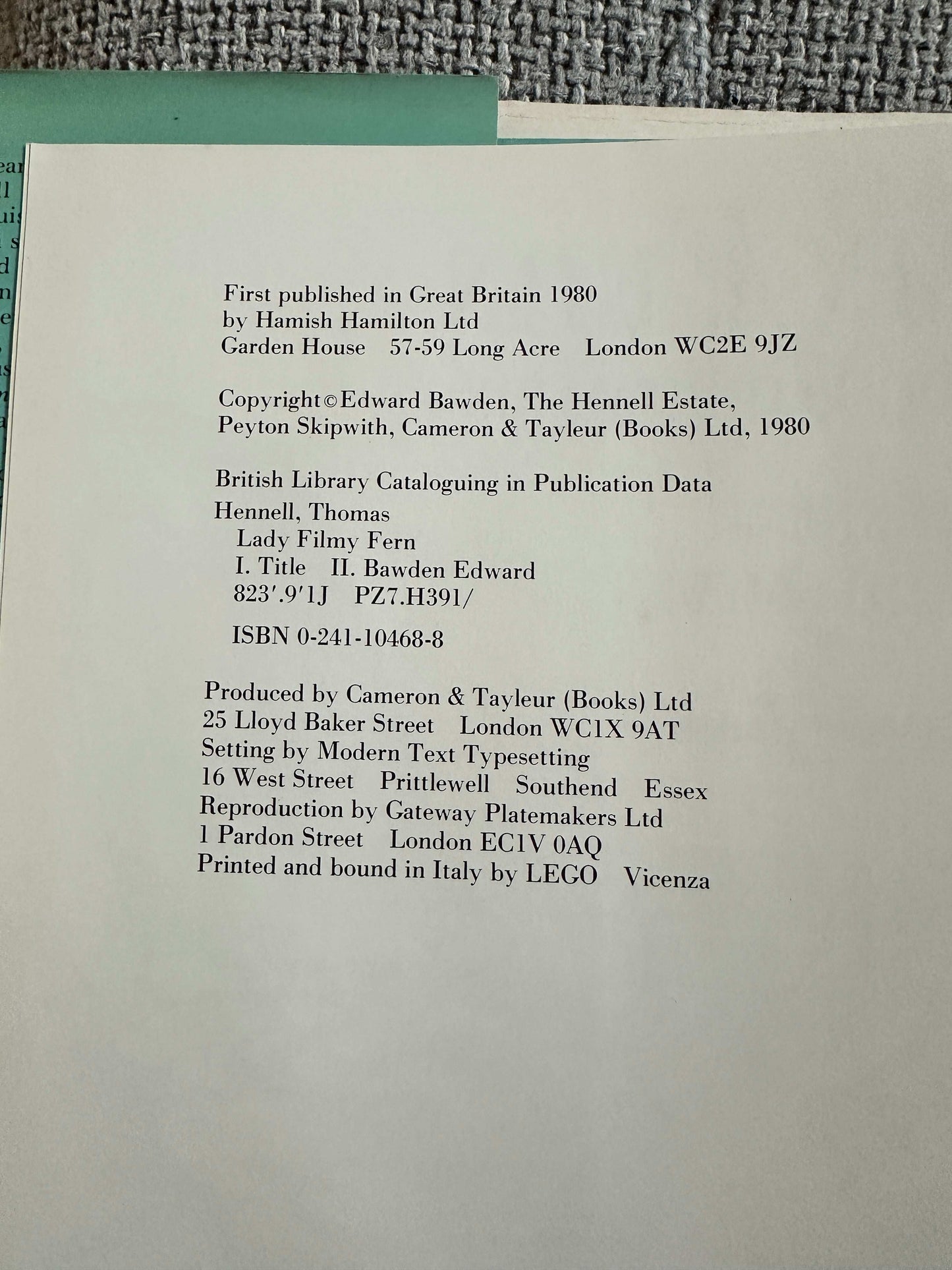 Lady Filmy Fern first edition book by Edward Bawden with publisher details and ISBN 0-241-10468-8