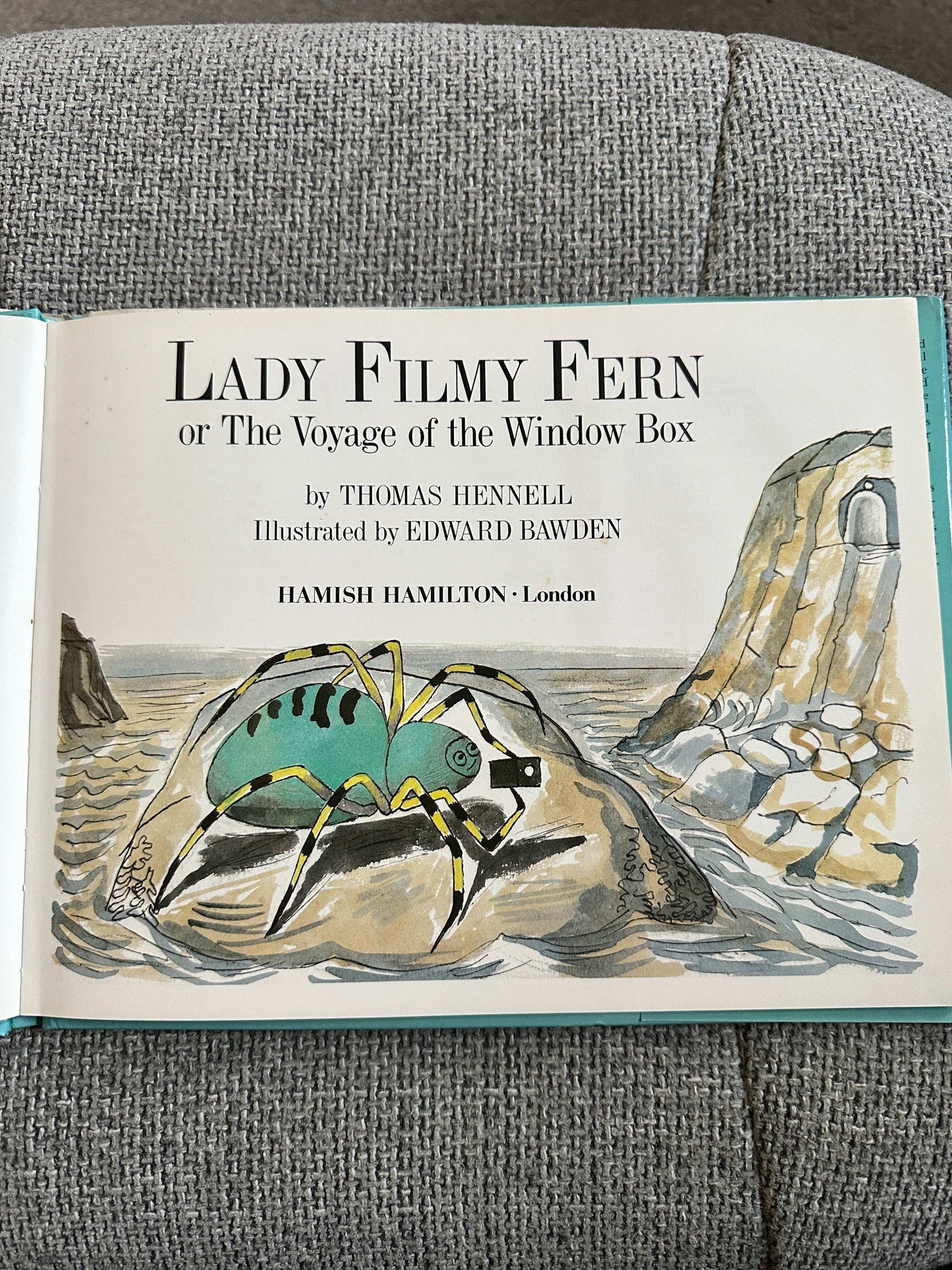 Lady Filmy Fern first edition book by Thomas Hennell featuring colorful illustrations of a spider
